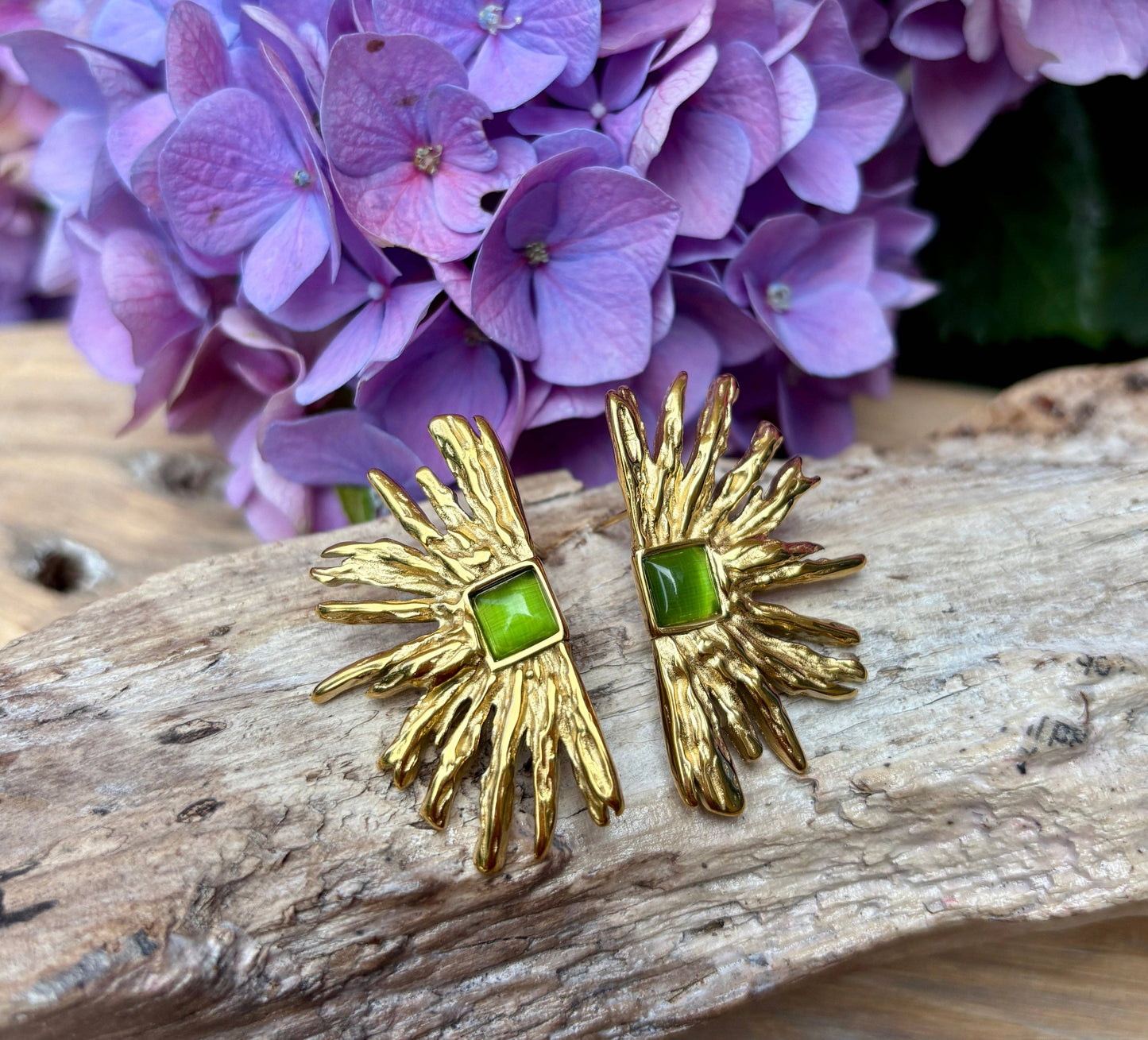 18ct Gold Plated Agate Fan Earrings: Green