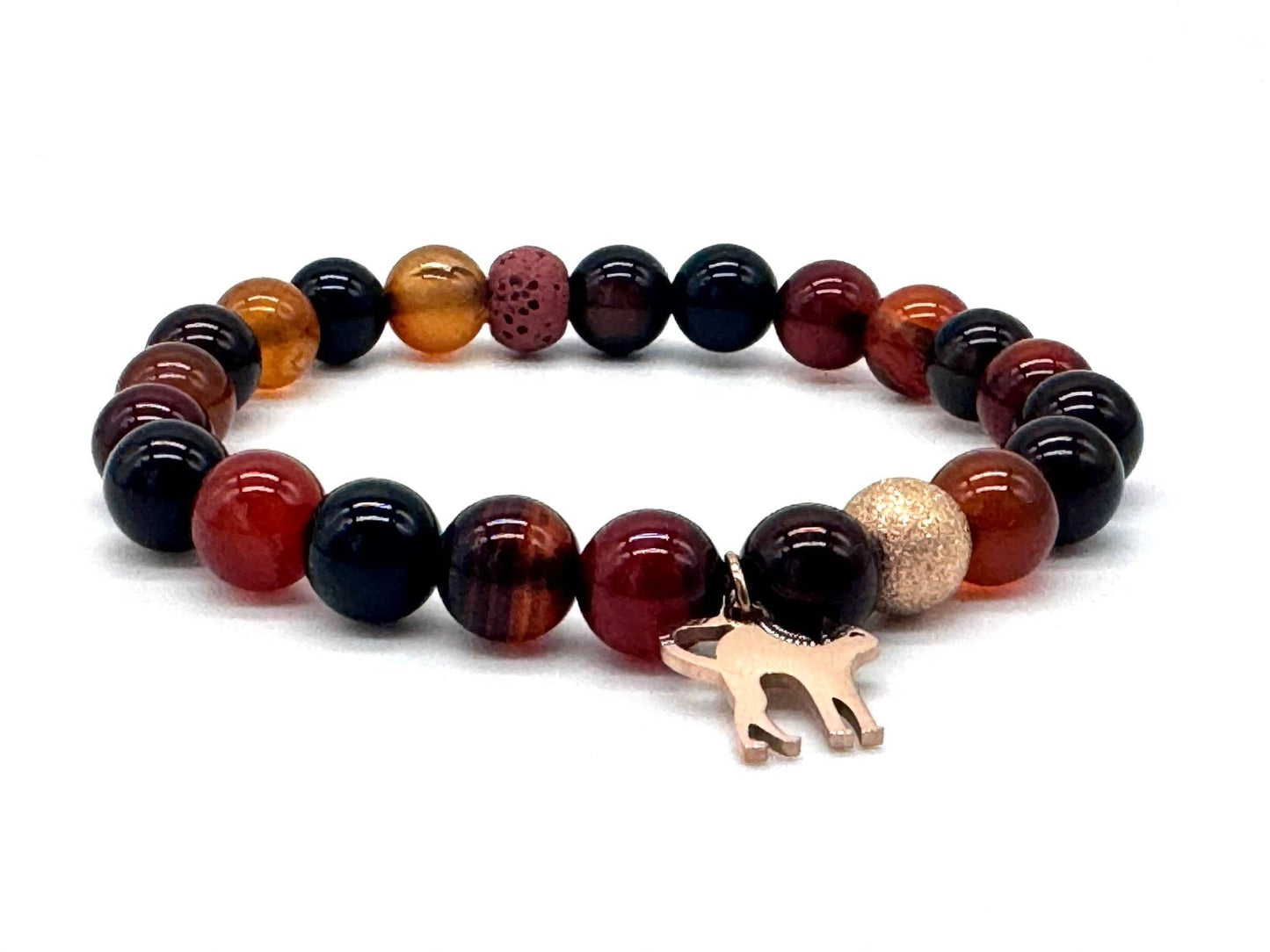 Dark Orange Agate Gemstone Bracelet, Rose Gold Cat Charm &amp, Lava Stone 6.5 Inch Medium