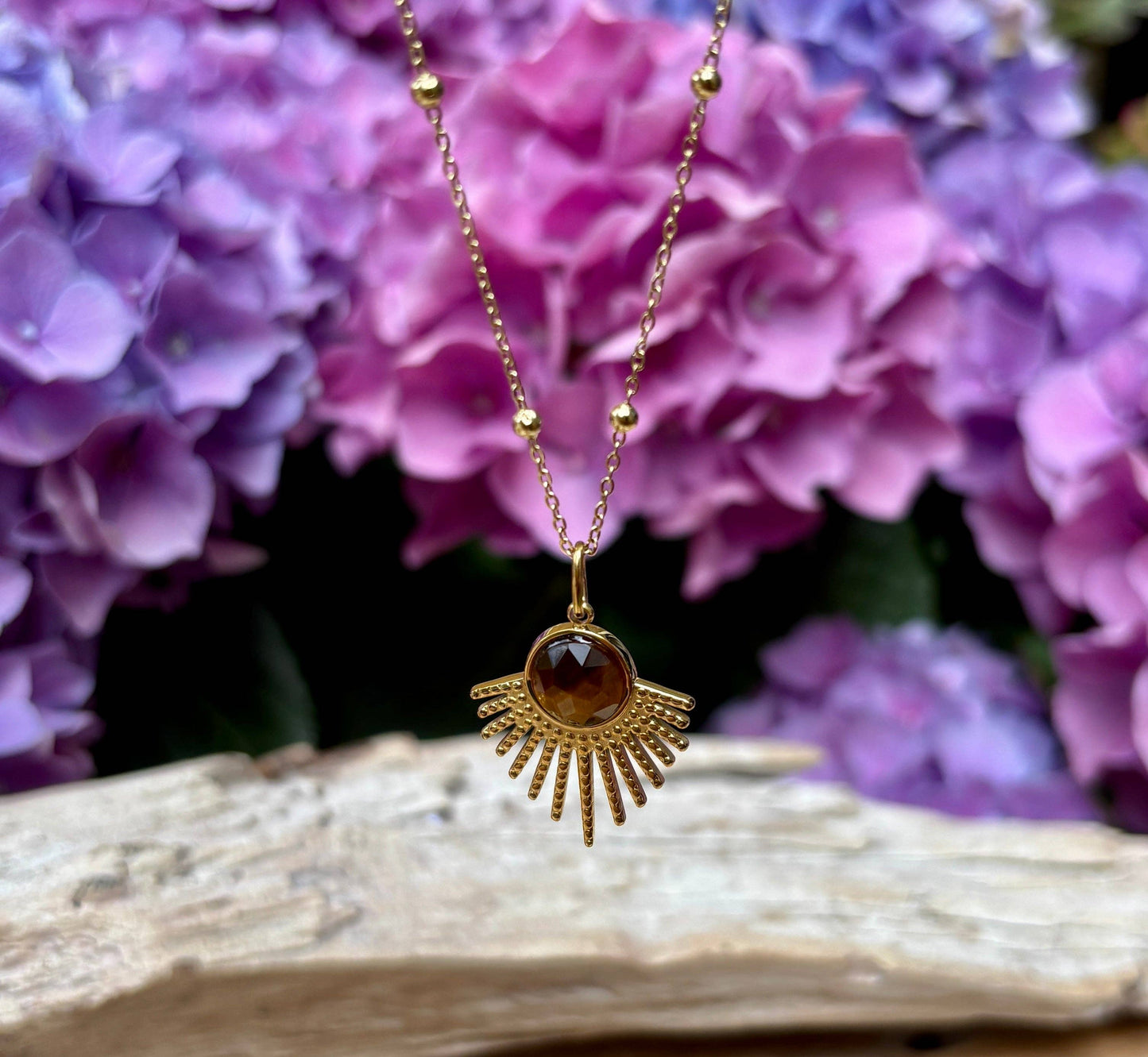 18ct Gold Plated Tiger's Eye Feather Pendant Necklace