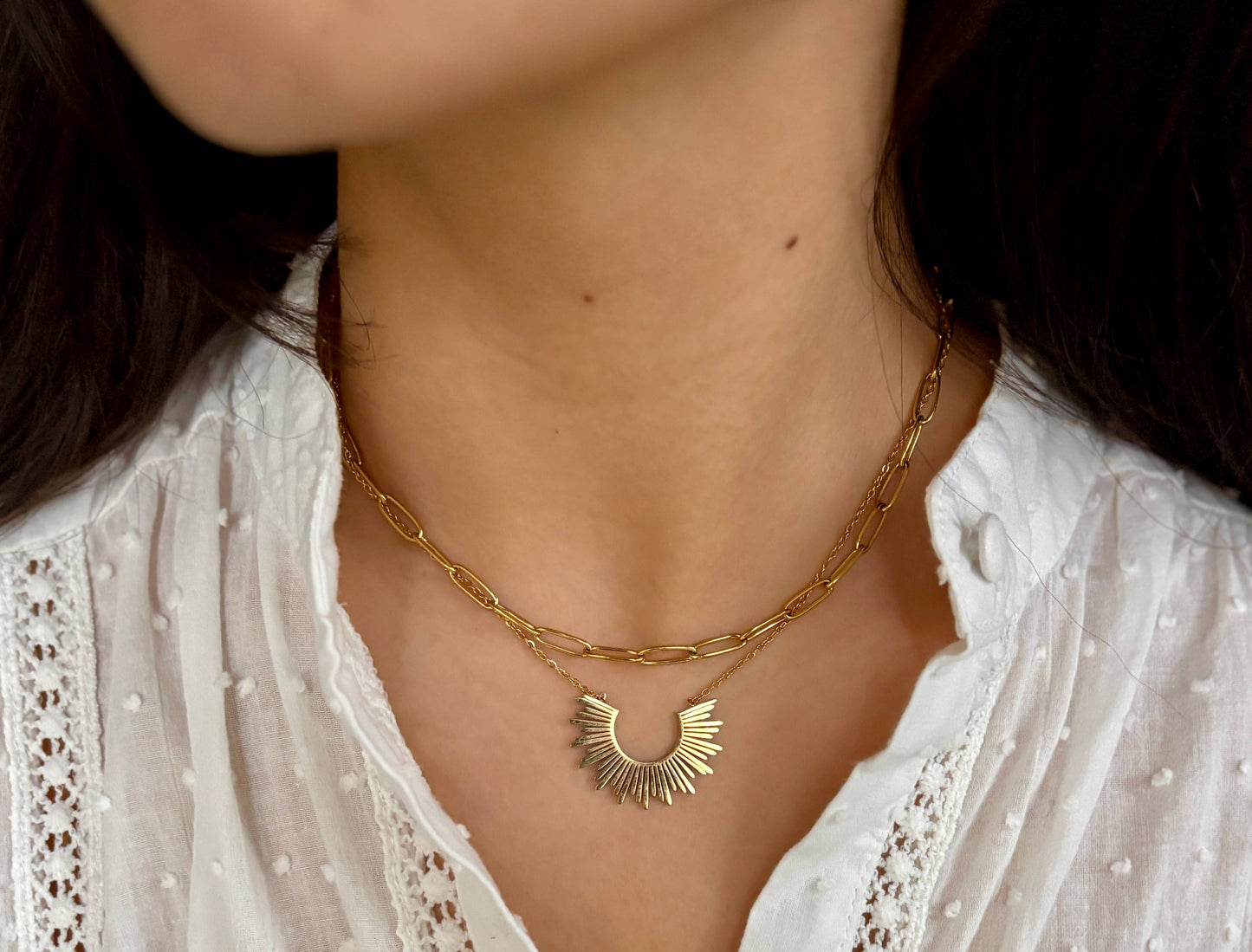 18ct Gold Plated Sun Pendant Double Chain Necklace    