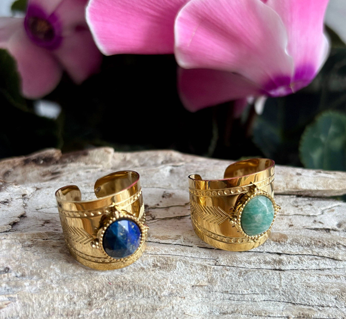 18ct Gold Plated Faceted Natural Stone Wide Band Ring -Amazonite