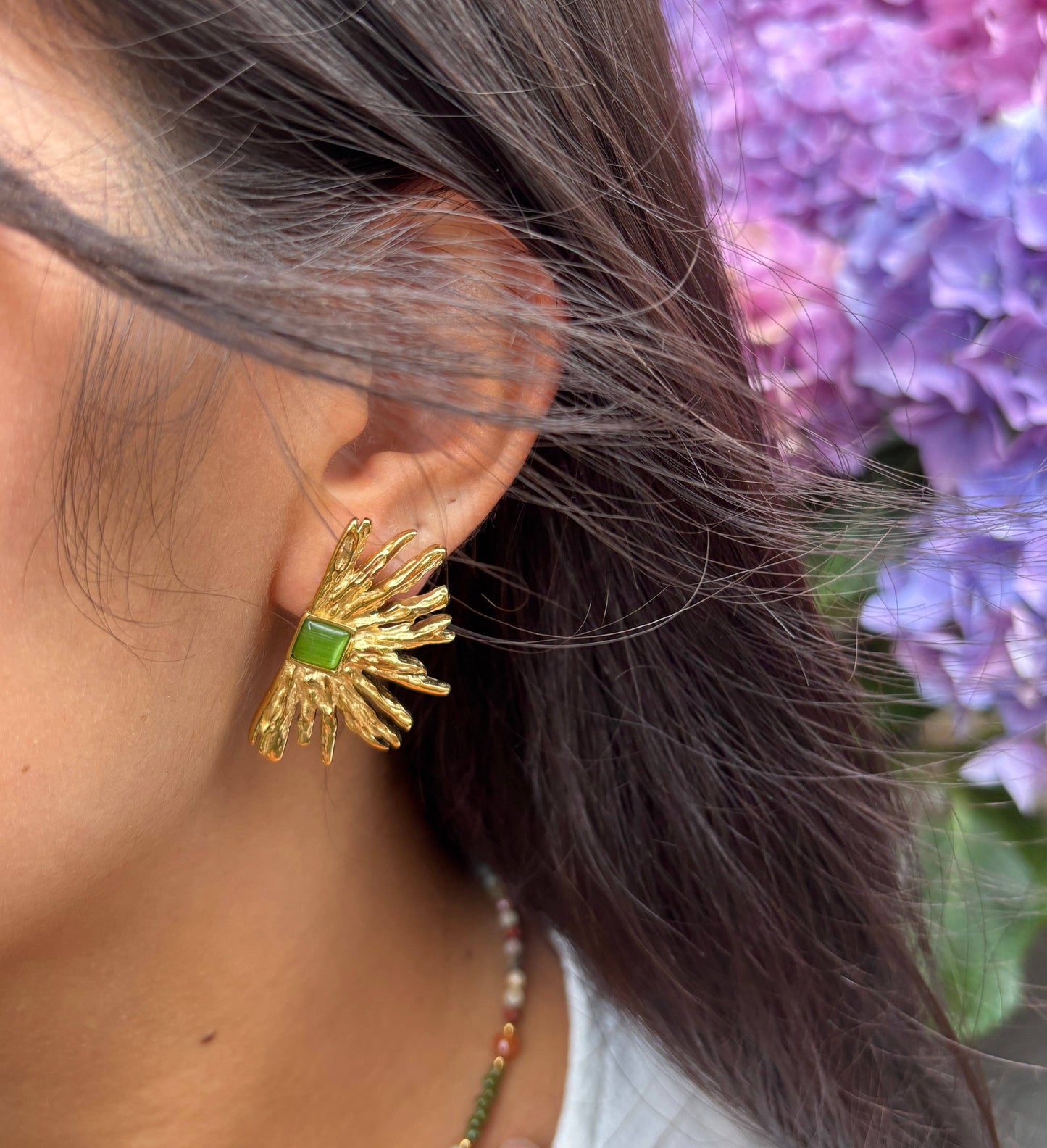 18ct Gold Plated Agate Fan Earrings: Green