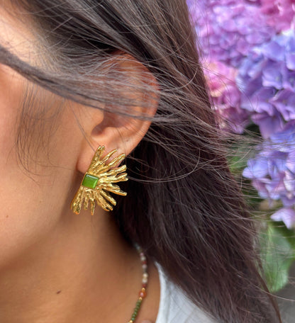 18ct Gold Plated Agate Fan Earrings: Green