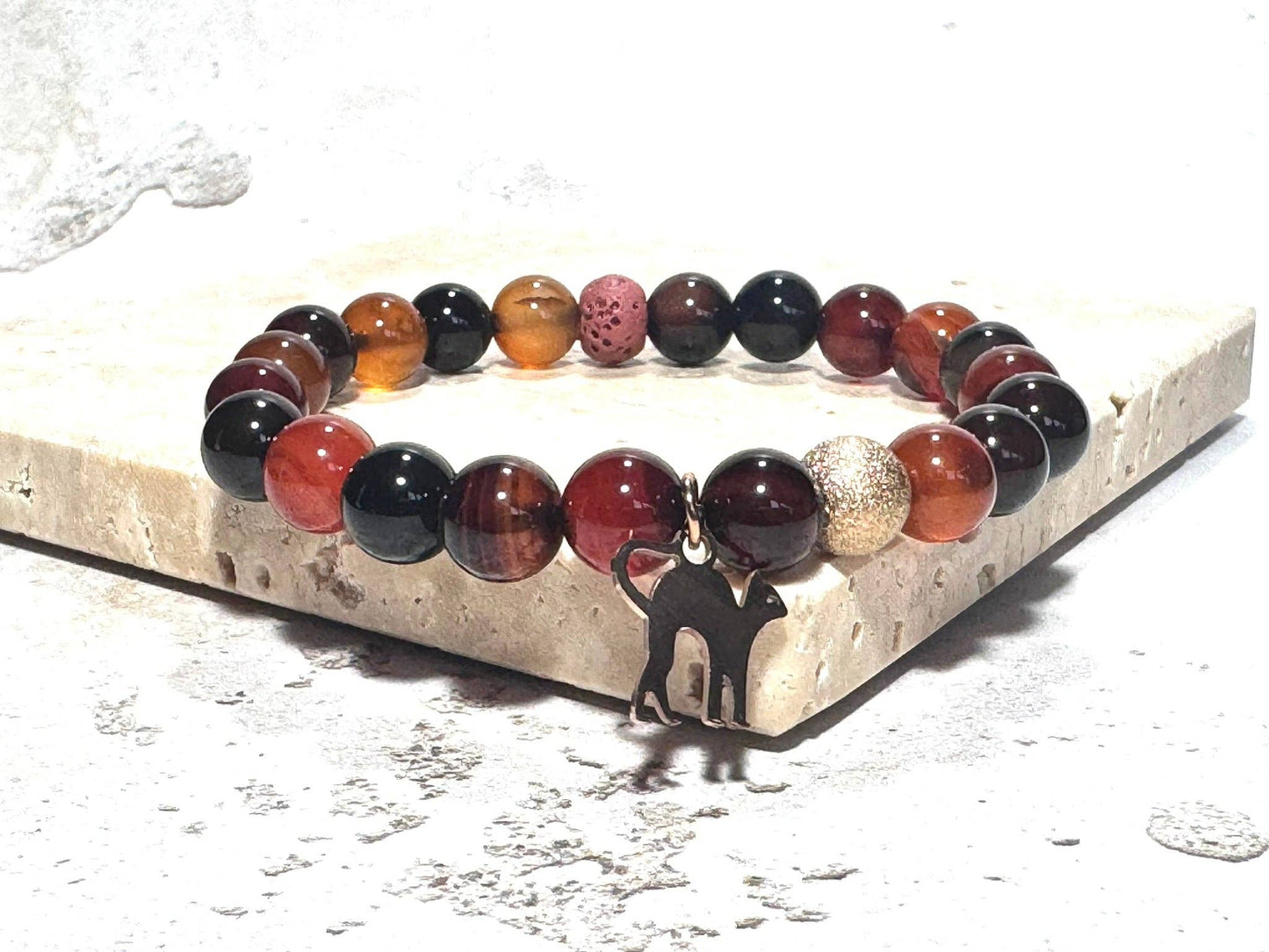 Dark Orange Agate Gemstone Bracelet with Rose Gold Cat Charm &amp; Lava Stone | Handmade in the UK: 6 Inch Small