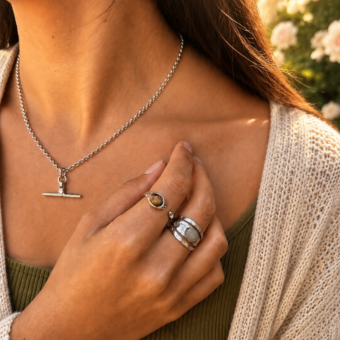 Platinum Plated Tiger's Eye Open Top Ring