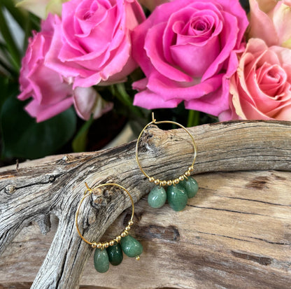 18ct Gold Plated Green Aventurine Cluster Hoop Earrings