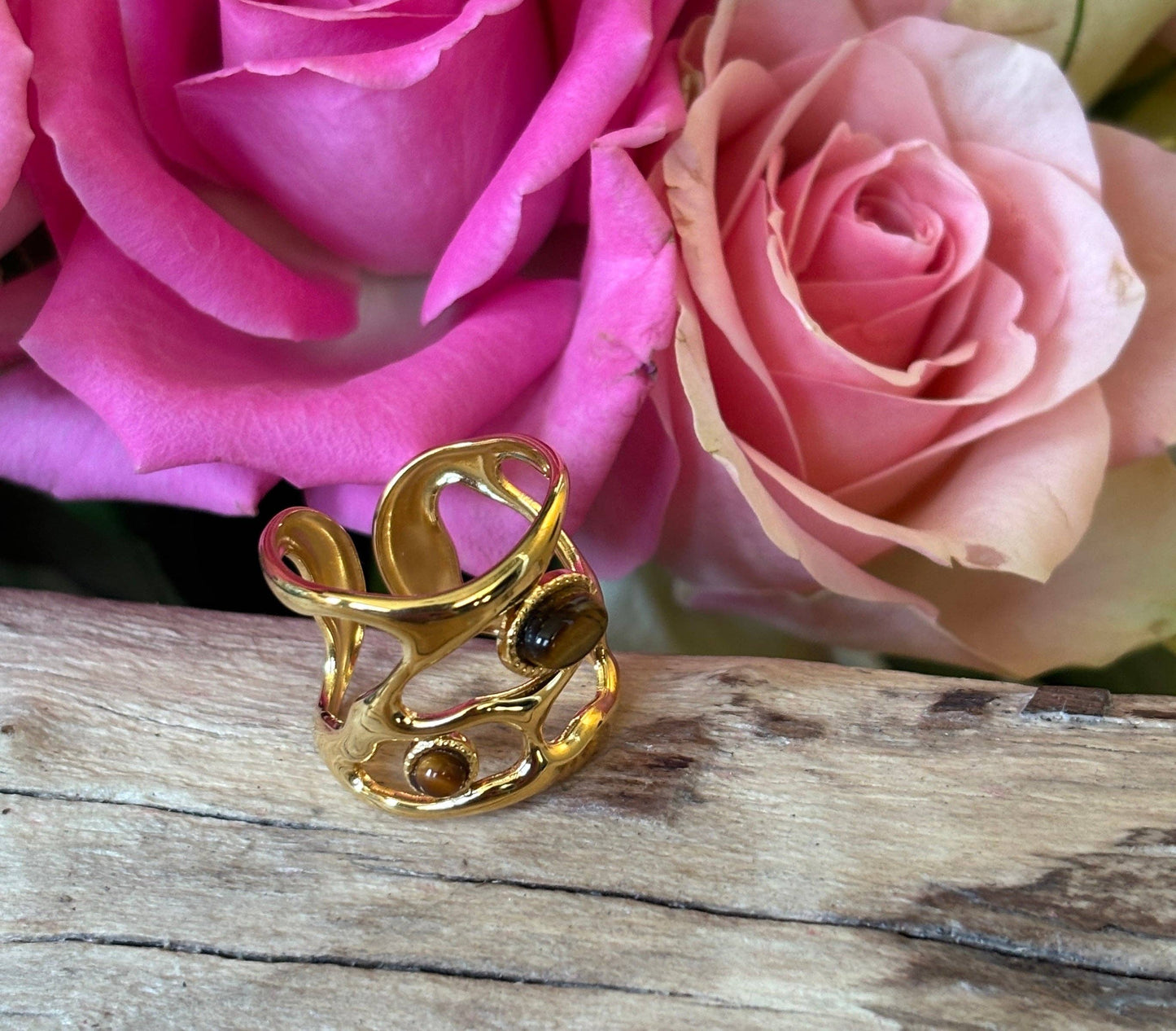 18ct Gold Plated Adjustable Tiger's Eye Cage Ring   