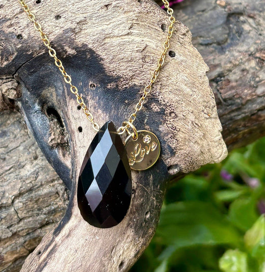 Personalised 18ct Gold Plated Black Obsidian Drop Necklace