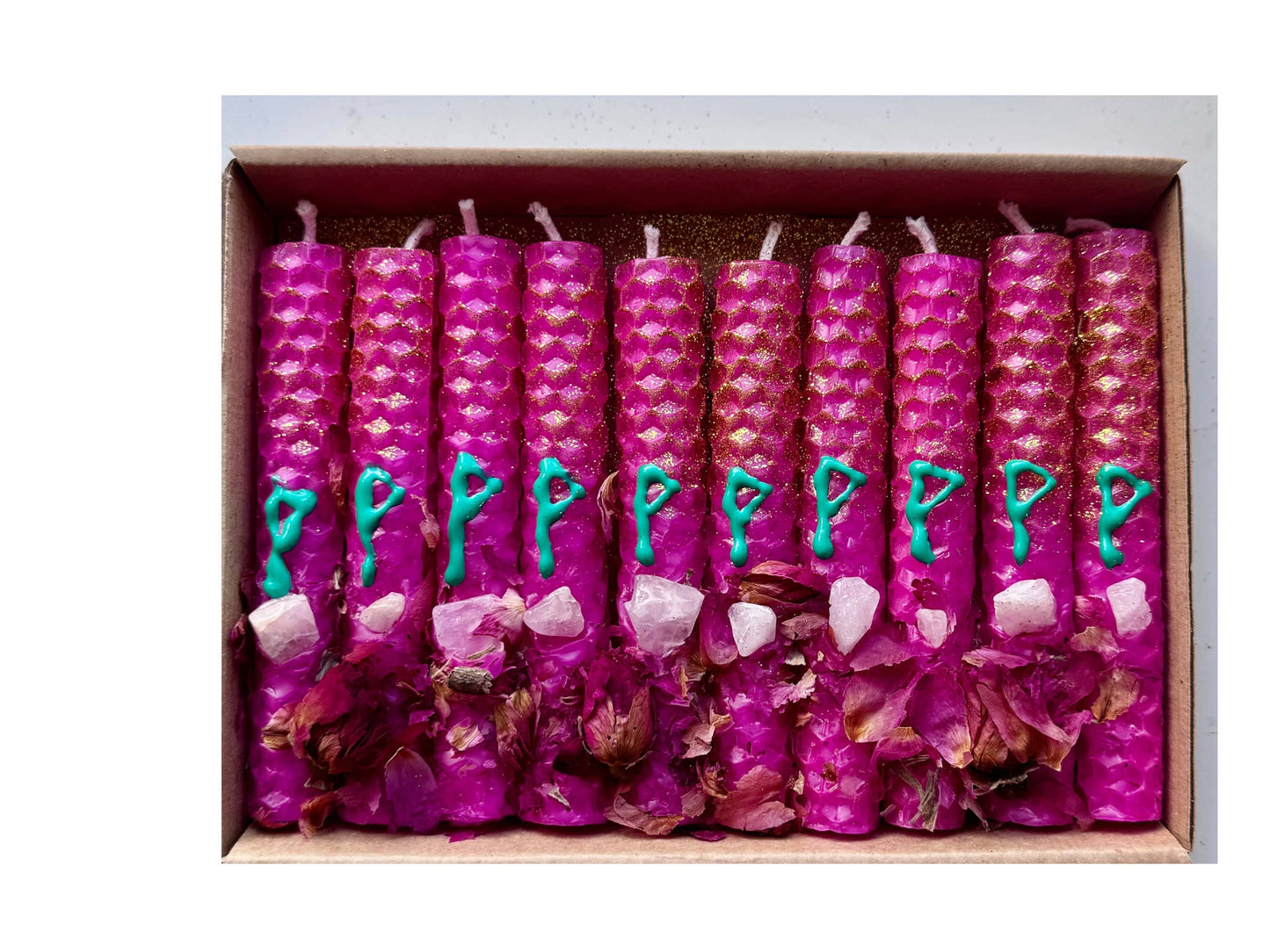 Luxury Beeswax Rune Candles with Rose Quartz & Glitter