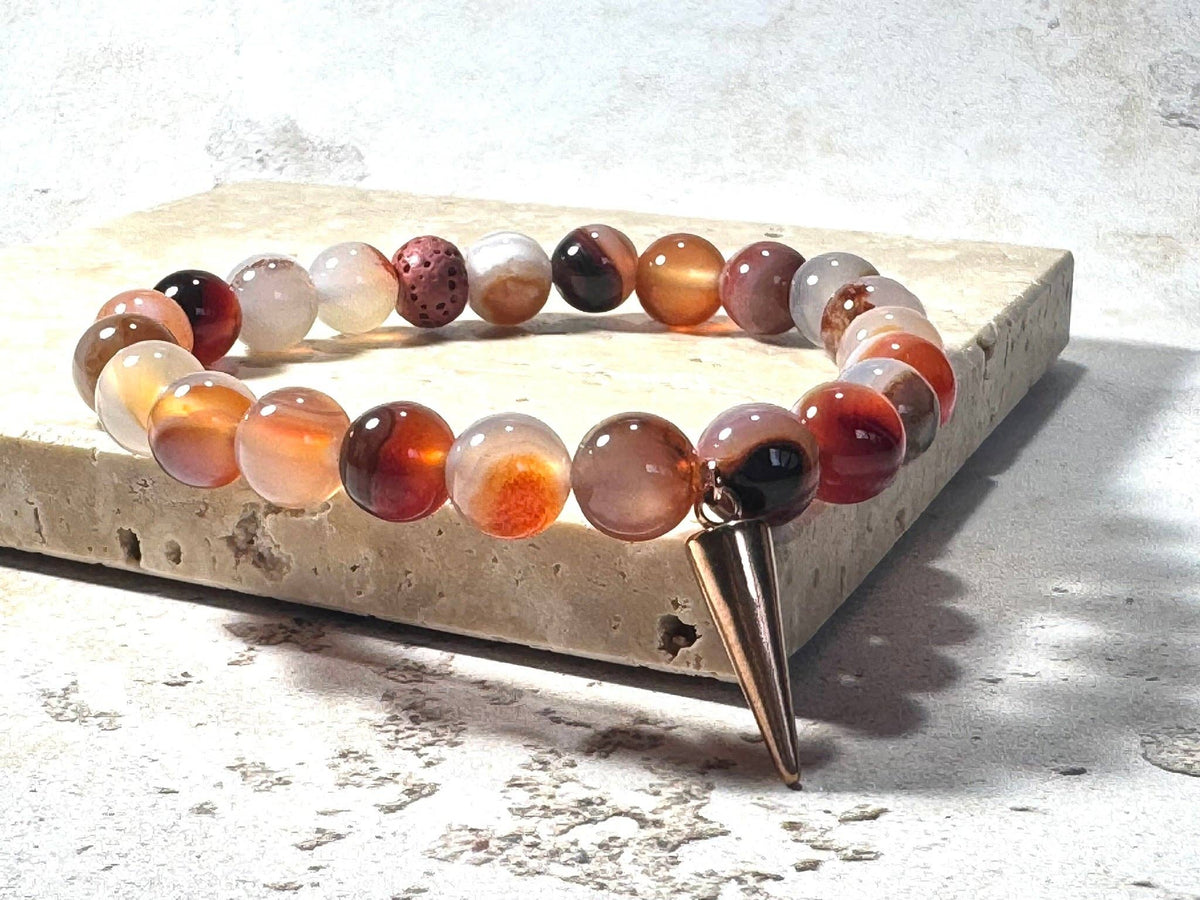 Orange Sardonyx Gemstone Bracelet with Rose Gold Point Charm Lava Stone | Handmade in the UK: 6.5 Inch Medium