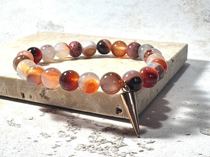 Orange Sardonyx Gemstone Bracelet with Rose Gold Point Charm Lava Stone | Handmade in the UK: 6.5 Inch Medium