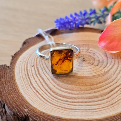 Amber Sterling Silver Ring - 3.4g - UK P