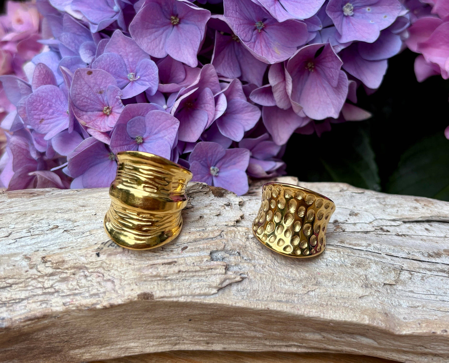 18ct Gold Plated Hammered Wide Band Ring - Size 7 / UK Size O