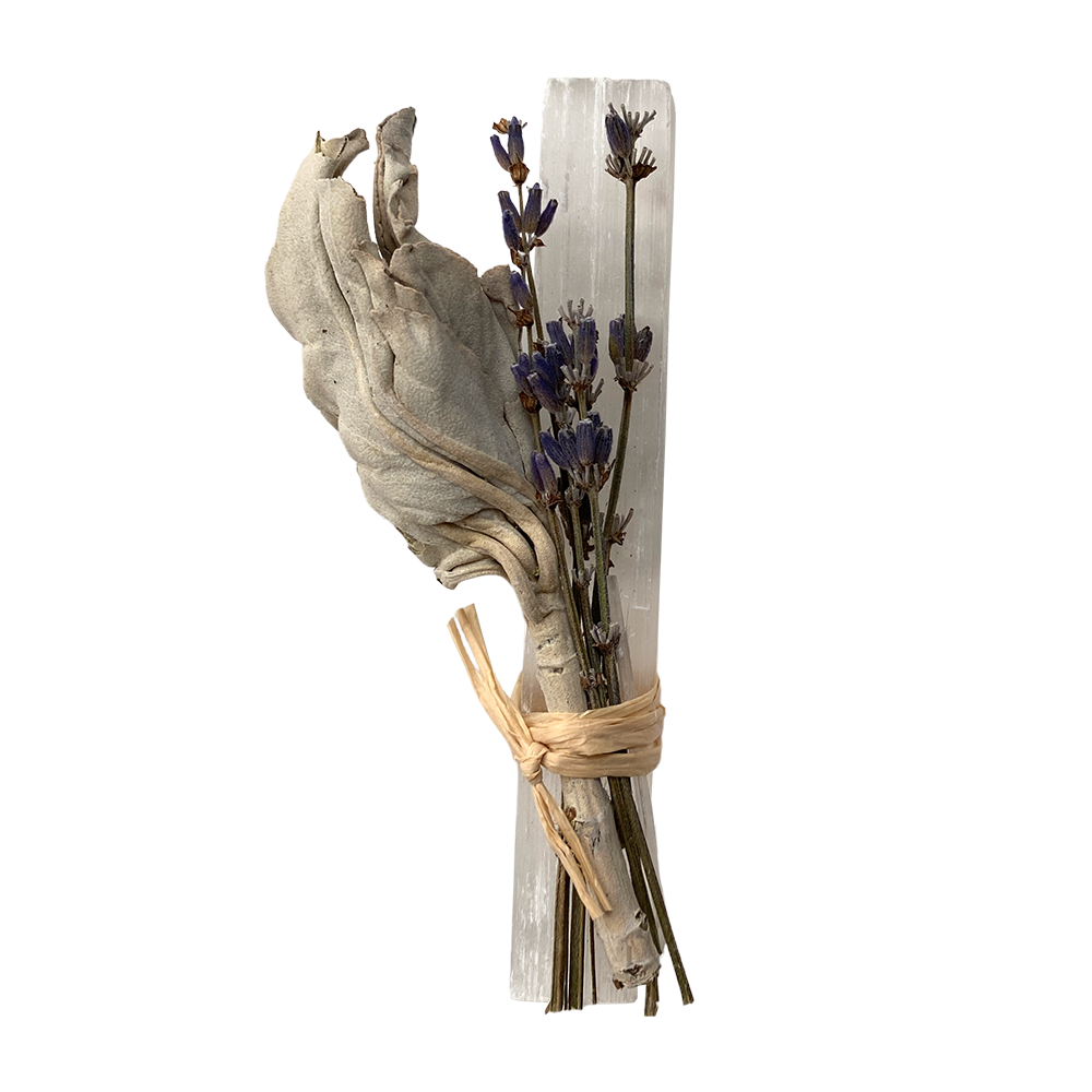 Mini Smudge Cluster, White Sage, Lavender & Selenite Wand 4"