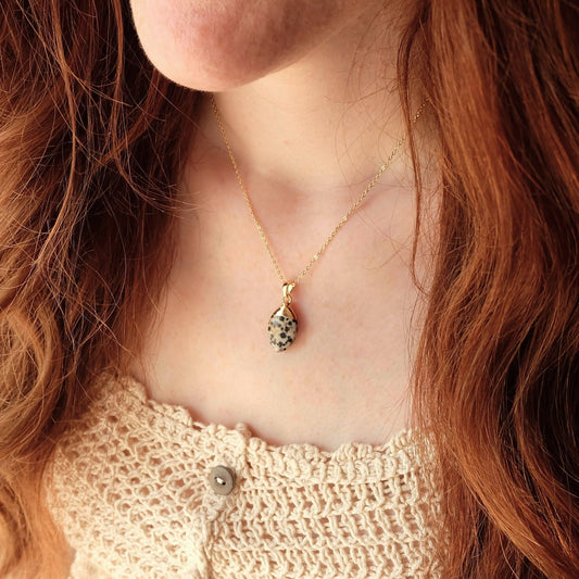 Dalmatian Jasper Gemstone Oval Necklace Pendant: 16 - 18 inches