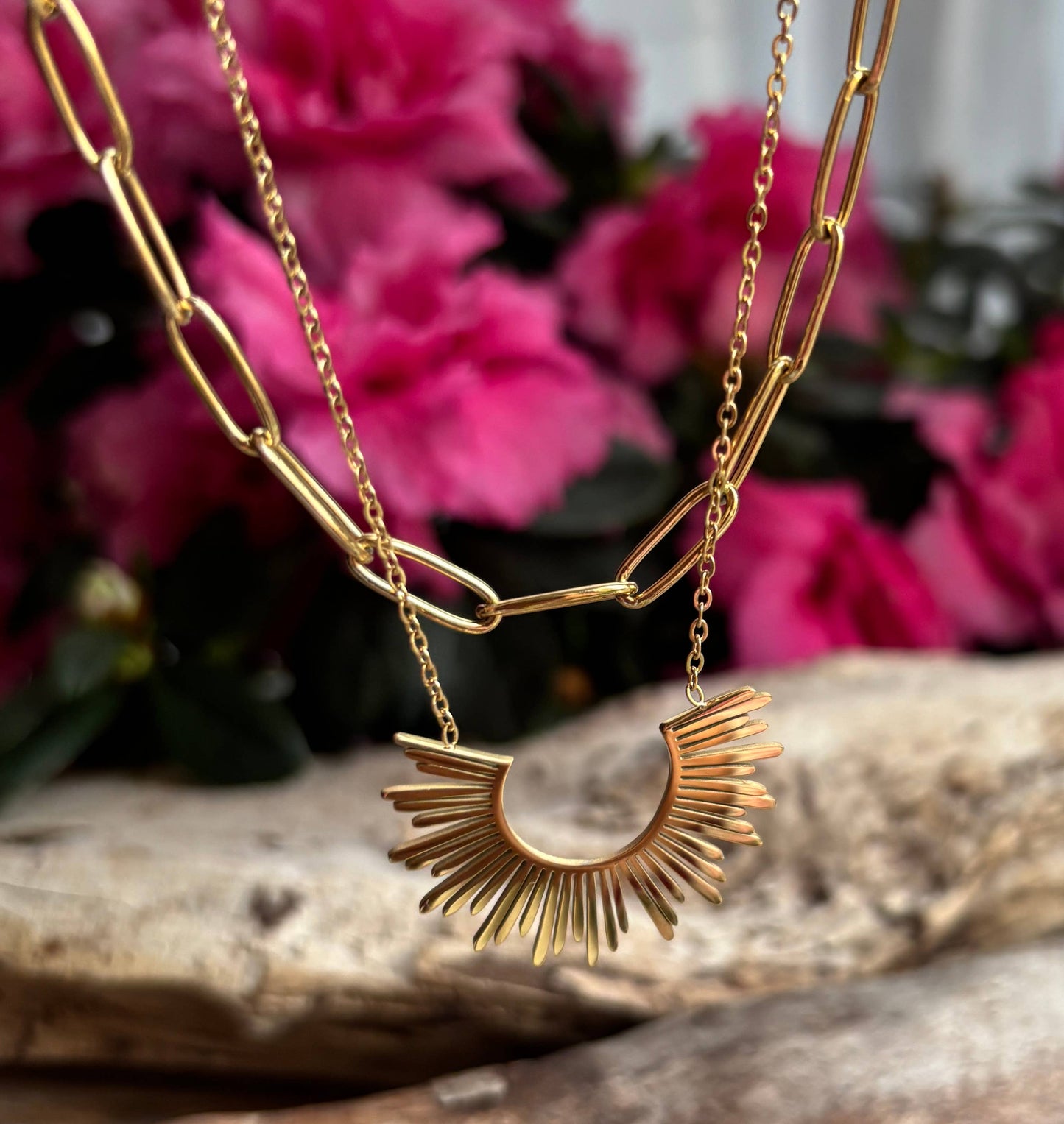 18ct Gold Plated Sun Pendant Double Chain Necklace    