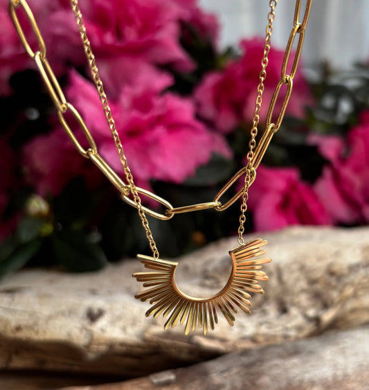 18ct Gold Plated Sun Pendant Double Chain Necklace    