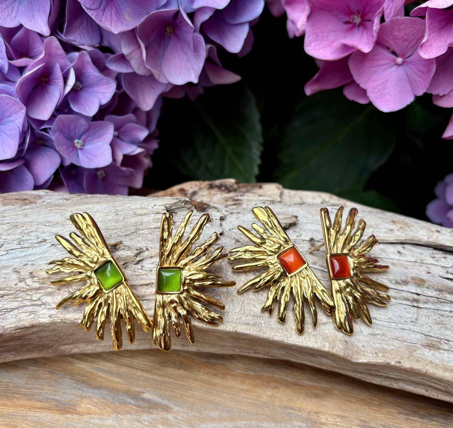 18ct Gold Plated Agate Fan Earrings: Green