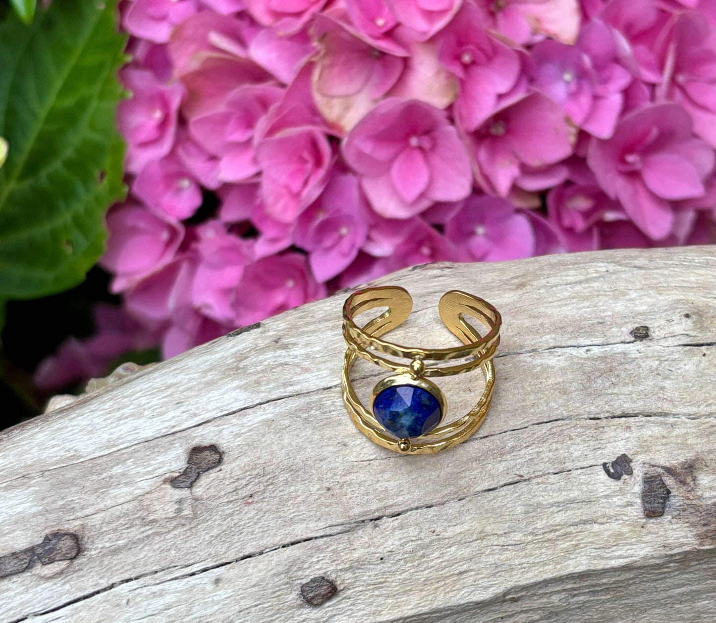 18ct Gold Plated Adjustable Nature Stone Double Band Ring  : Lapis Lazuli