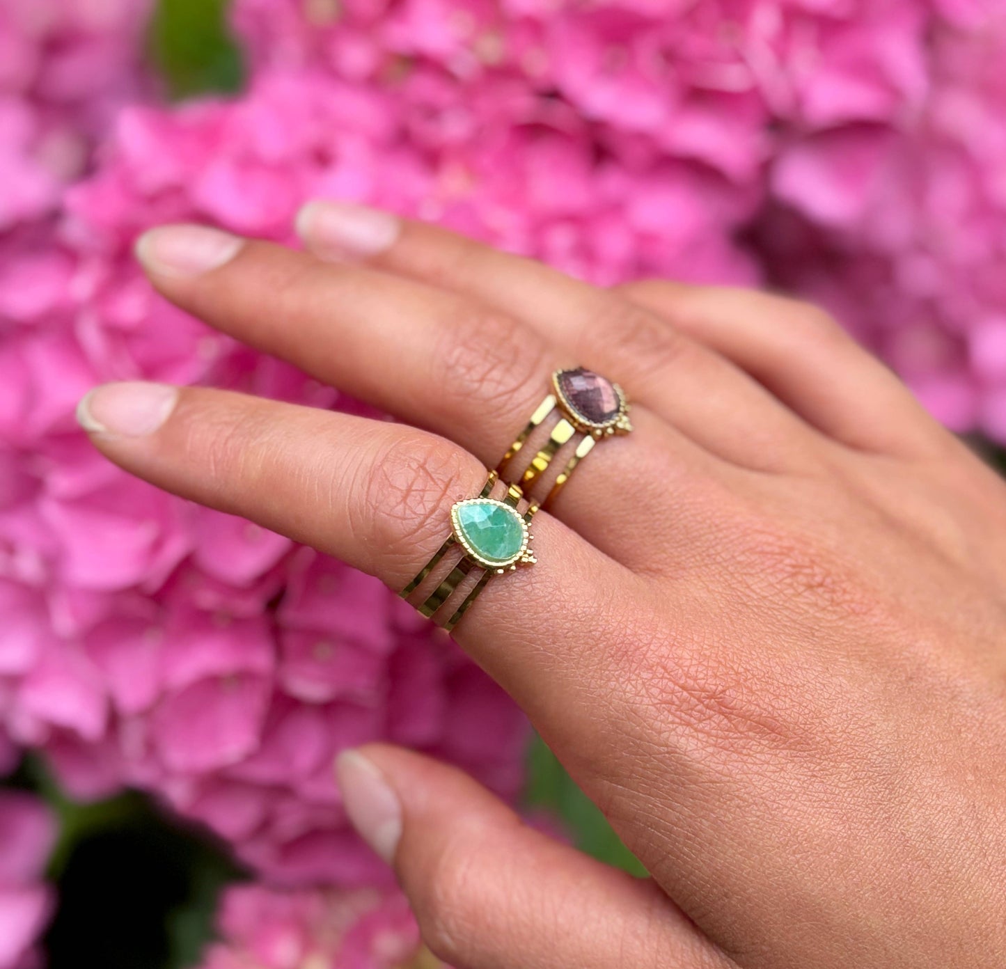 18ct Gold Plated Amazonite Drop Triple Band Ring    