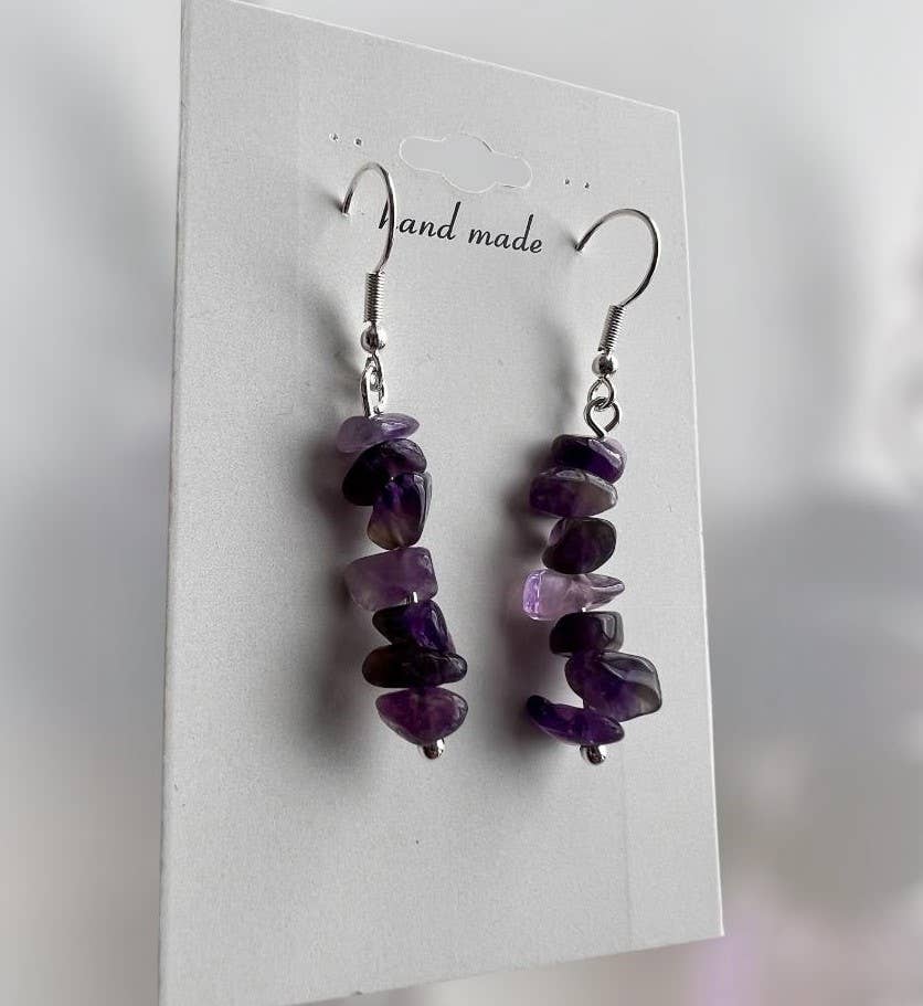 Amethyst Crystal Gravel Stone Earrings – Silver Plated