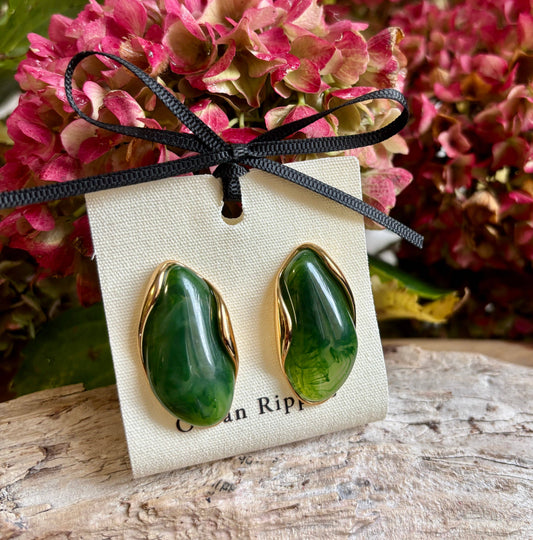 18ct Gold Plated Statement Resin Earrings: Green
