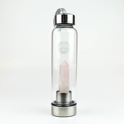 Crystal Infused Glass Water Bottle, Rose Quartz, Love & Calm