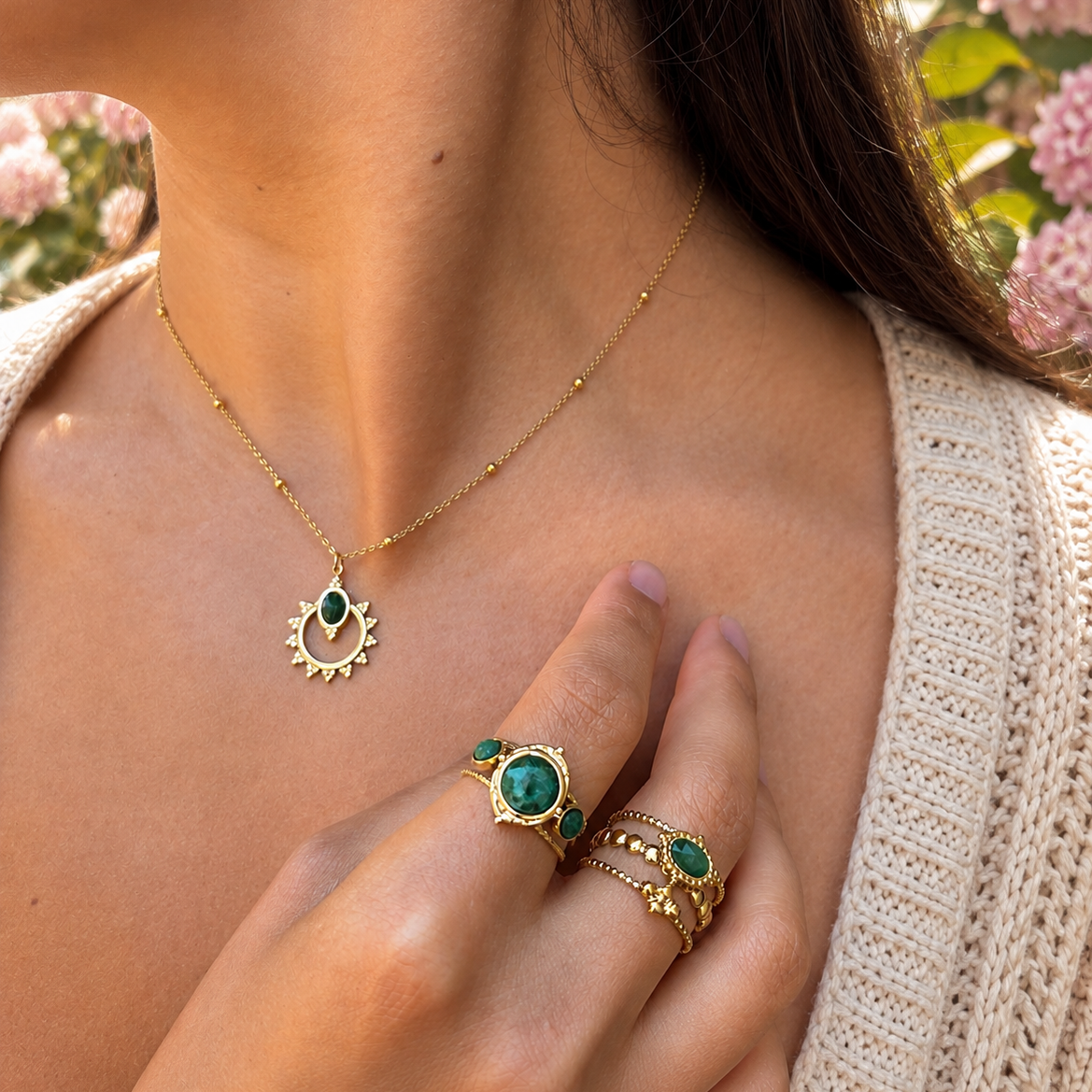 18ct Gold Plated African Jade Sunburst Necklace