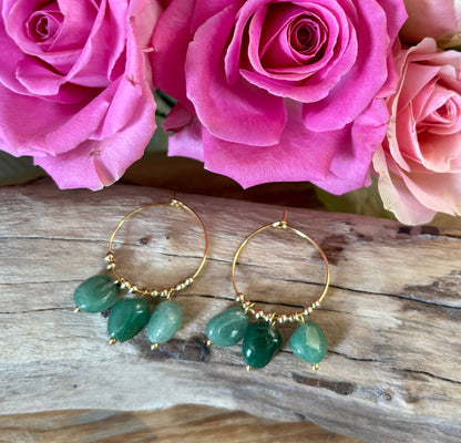 18ct Gold Plated Green Aventurine Cluster Hoop Earrings