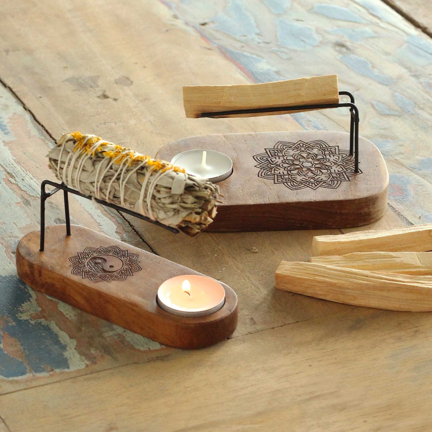 Palo Santo Heaters: Small Palo Santo Heater - Teak Wood - Mandala Design