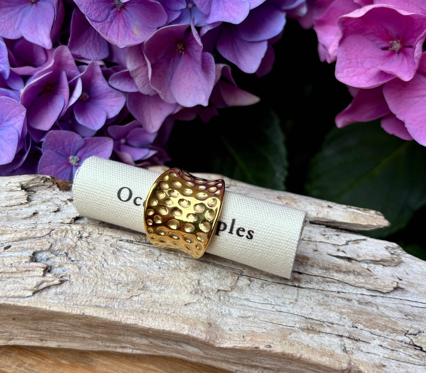 18ct Gold Plated Hammered Wide Band Ring - Size 7 / UK Size O