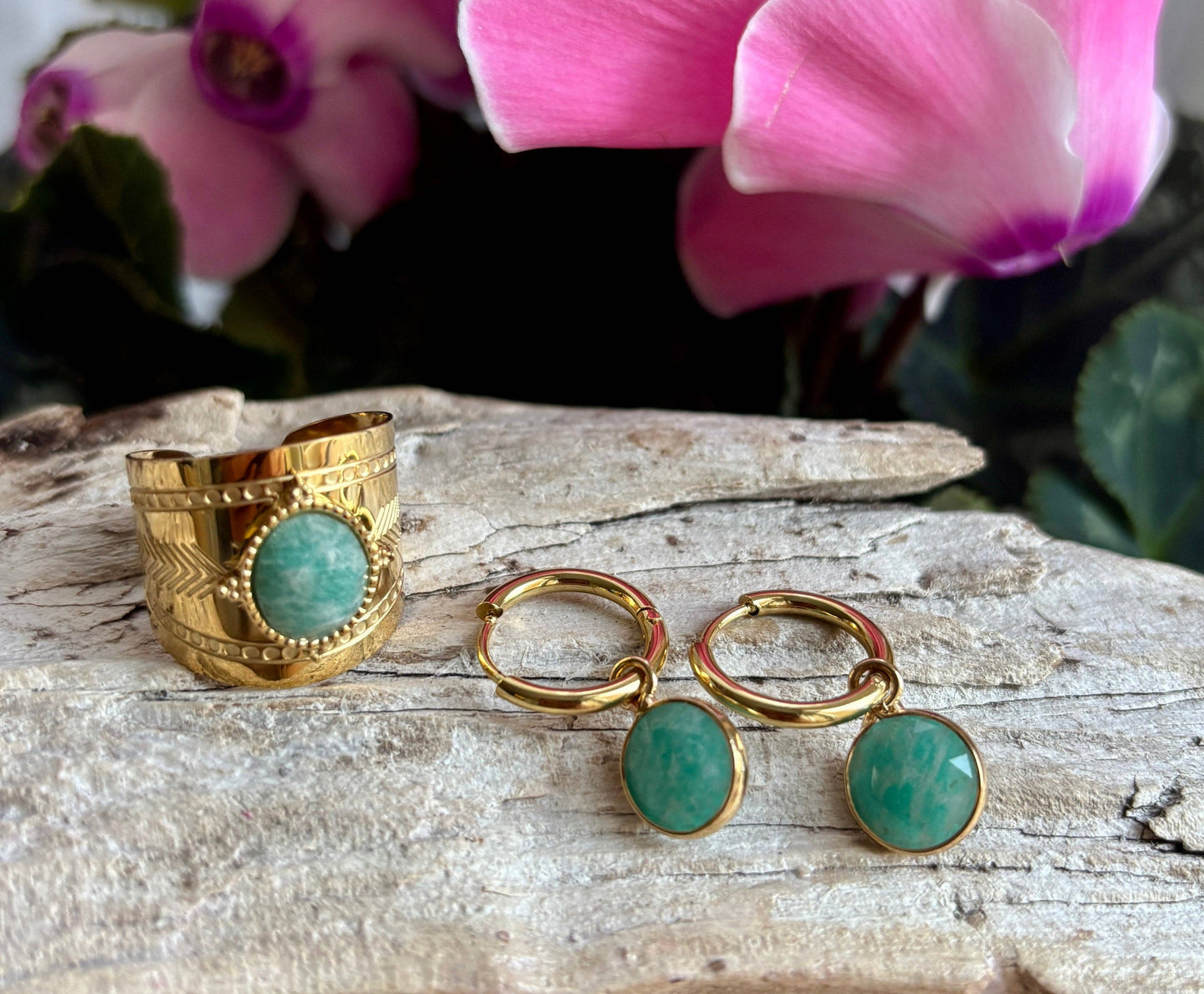 18ct Gold Plated Faceted Natural Stone Wide Band Ring -Amazonite