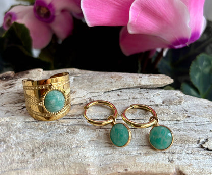 18ct Gold Plated Faceted Natural Stone Wide Band Ring -Amazonite
