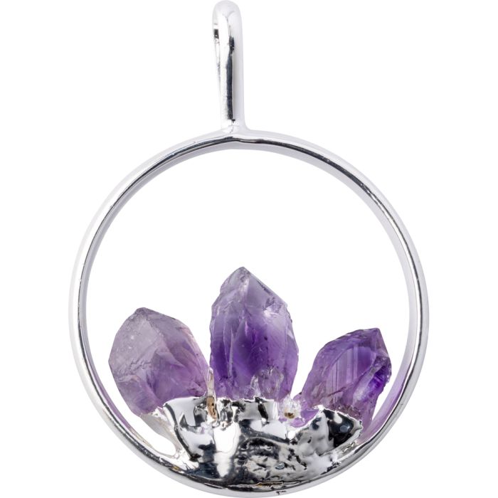 Pendant Ring w/ 3 fixed Amethyst Points Silver Plated