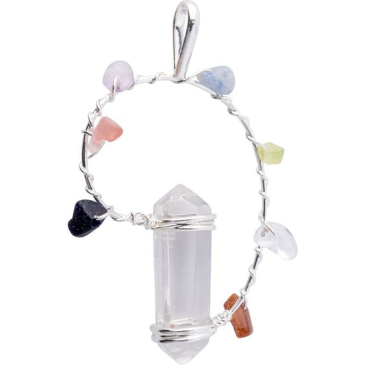 Double Terminated Crystal Point Pendant with Chakra Stones, Silver Plated