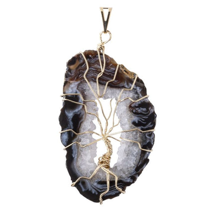 Geode Slice & Wire Tree Pendant, Gold Plated