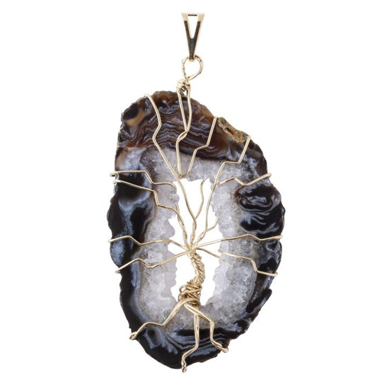 Geode Slice & Wire Tree Pendant, Gold Plated