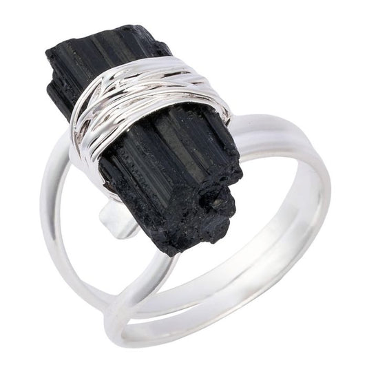 Wire wrapped Onyx Double Terminated Point, Adjustable Ring, Silver Plated