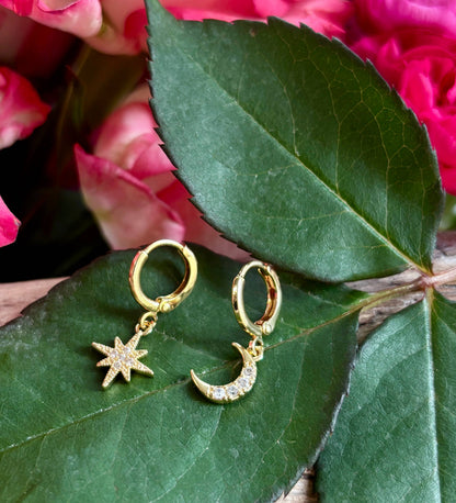 14ct Gold Plated Star and Moon Huggie Earrings