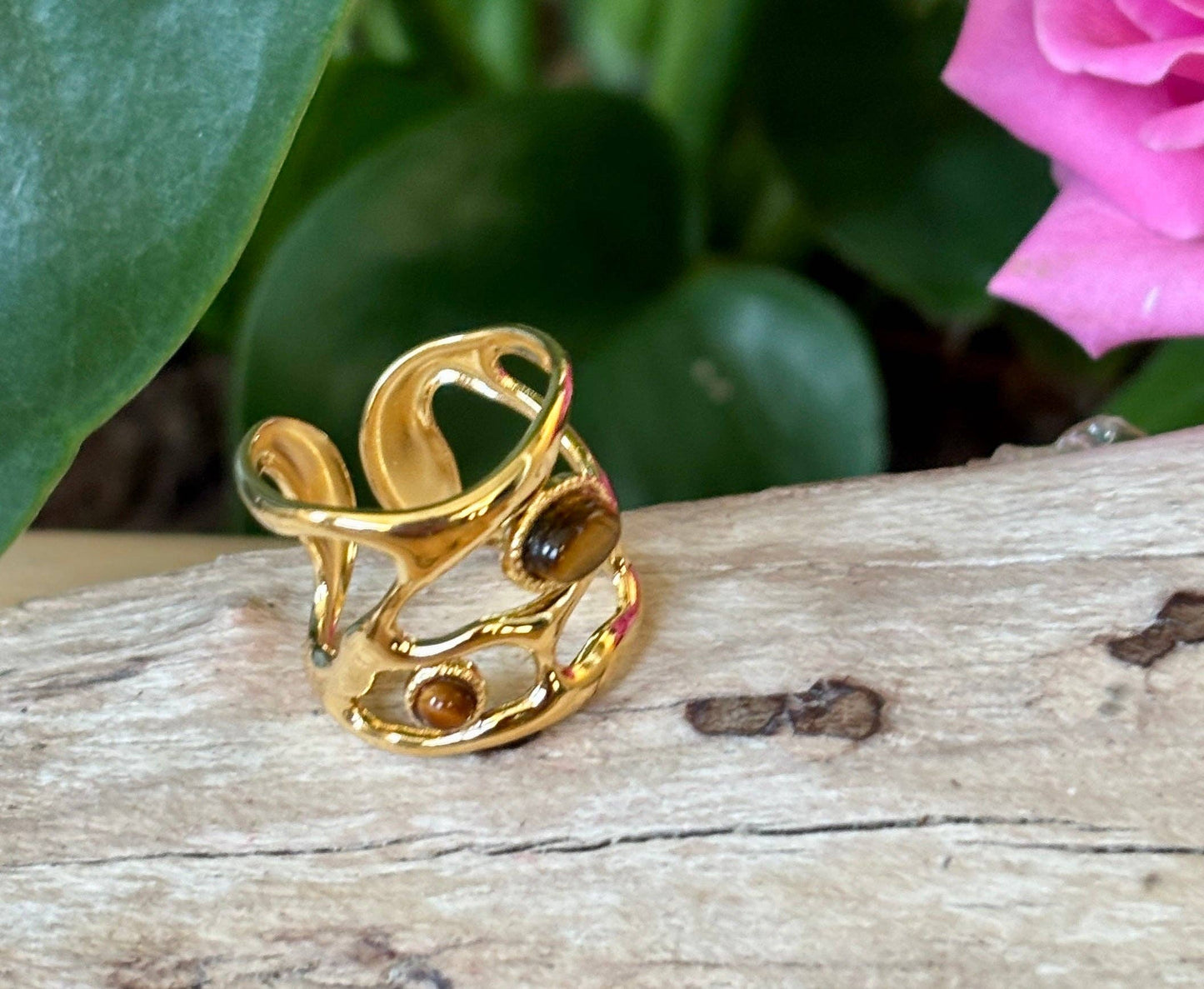 18ct Gold Plated Adjustable Tiger's Eye Cage Ring   