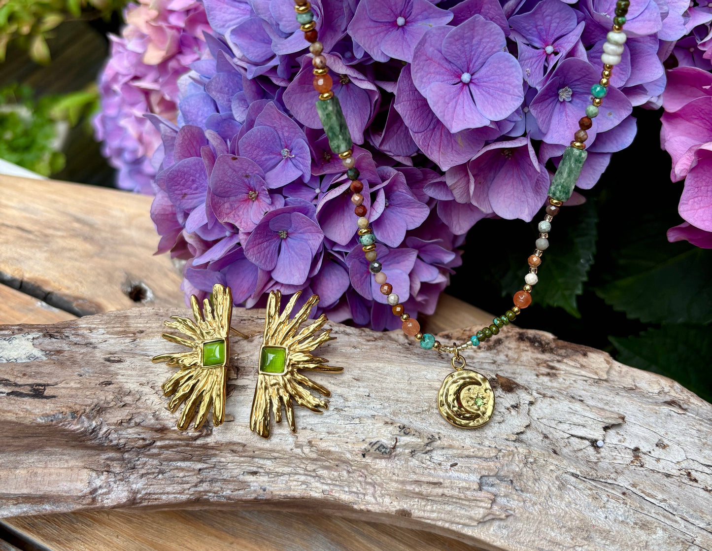 18ct Gold Plated Agate Fan Earrings: Green