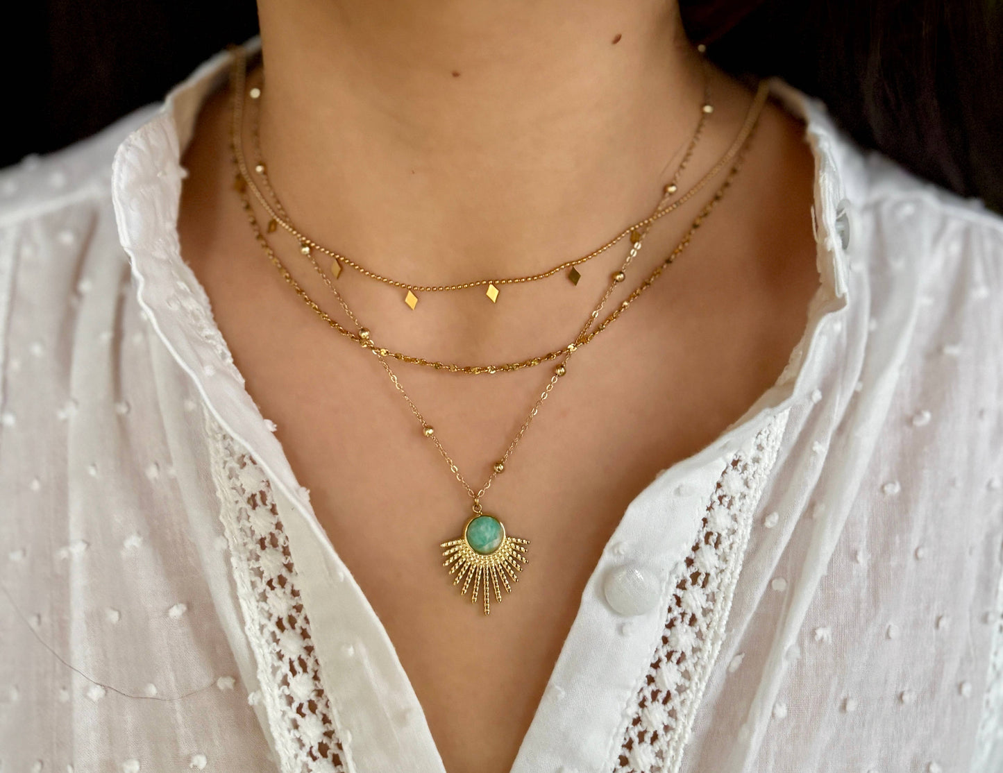 18ct Gold Plated Amazonite Feather Pendant Necklace  
