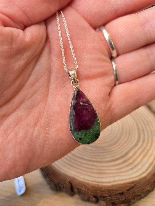 Ruby Zostite Teardrop Sterling Silver Pendant and Chain - 4.