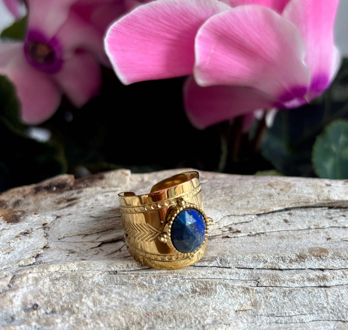 18ct Gold Plated Faceted Natural Stone Wide Band Ring -Amazonite