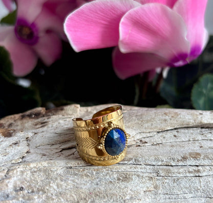 18ct Gold Plated Faceted Natural Stone Wide Band Ring -Amazonite
