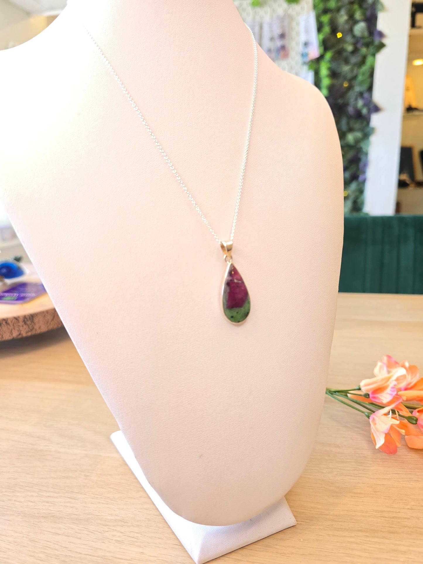 Ruby Zostite Teardrop Sterling Silver Pendant and Chain - 4.