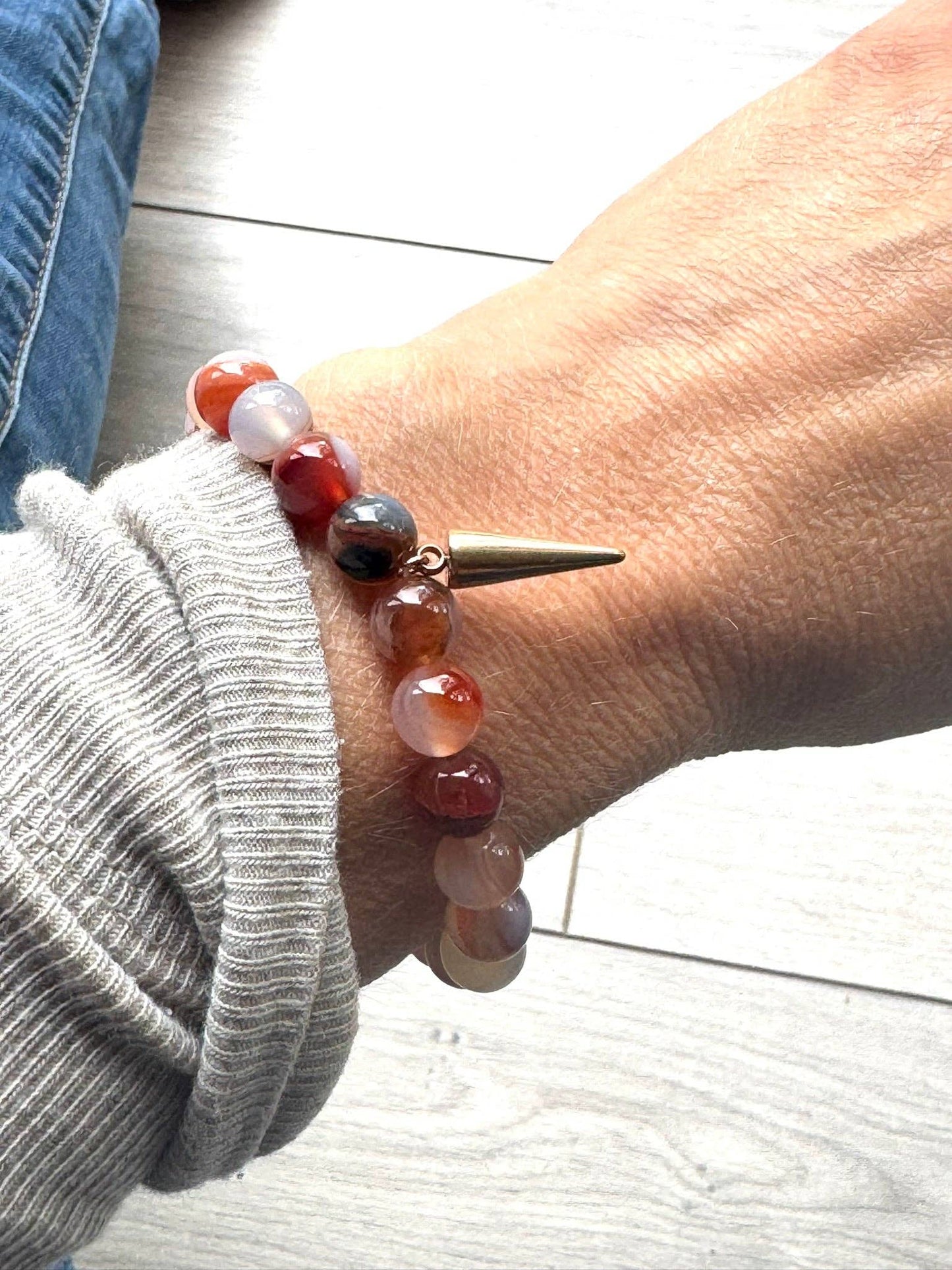Orange Sardonyx Gemstone Bracelet with Rose Gold Point Charm Lava Stone | Handmade in the UK: 6.5 Inch Medium