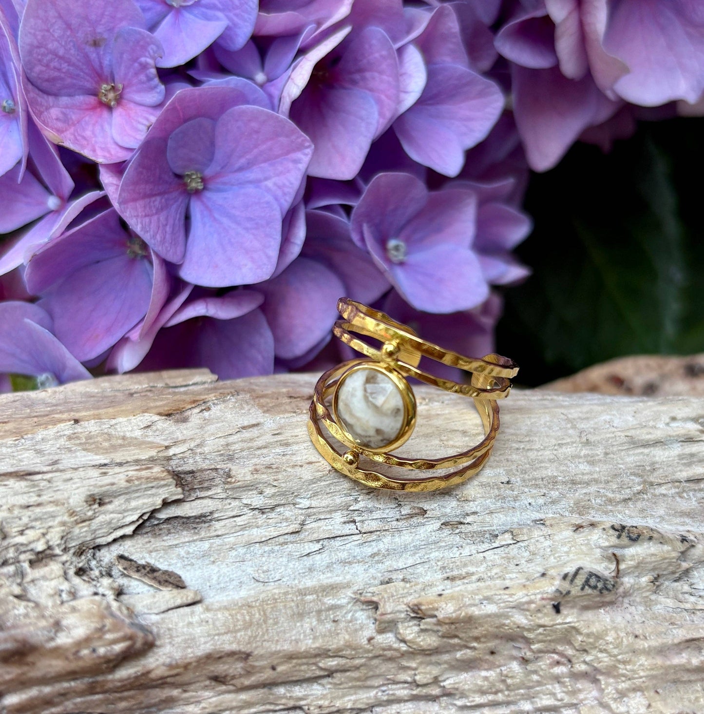 18ct Gold Plated Labradorite Double Band Ring