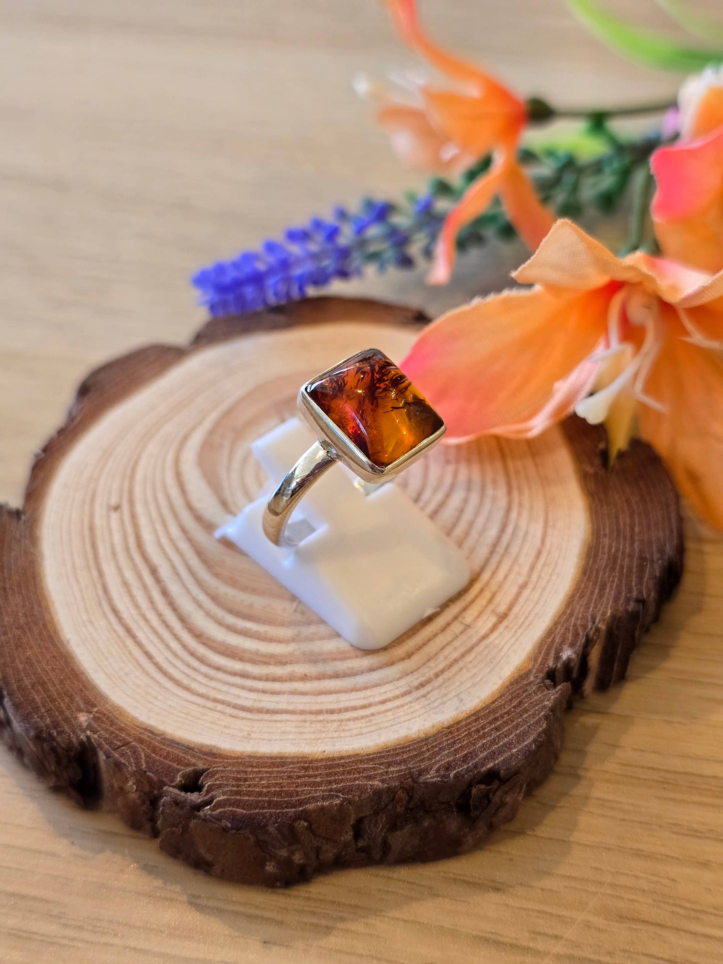 Amber Sterling Silver Ring - 3.4g - UK P