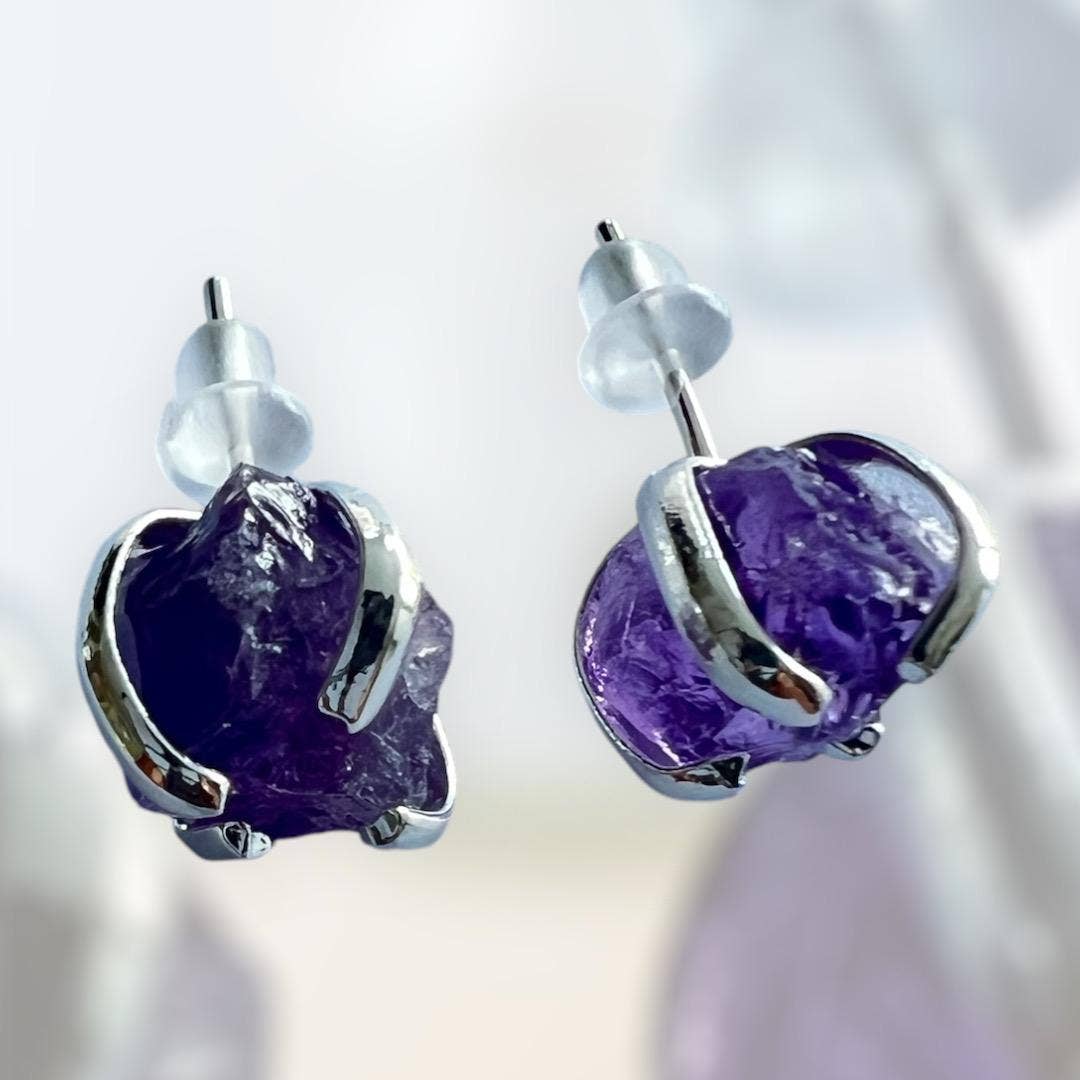 Amethyst Crystal Stud Earrings – Silver Plated